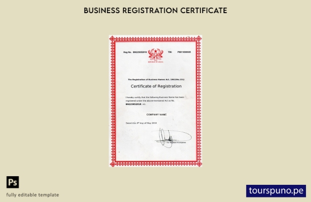 Plantilla de certificado de registro de Ghana lista para imprimir